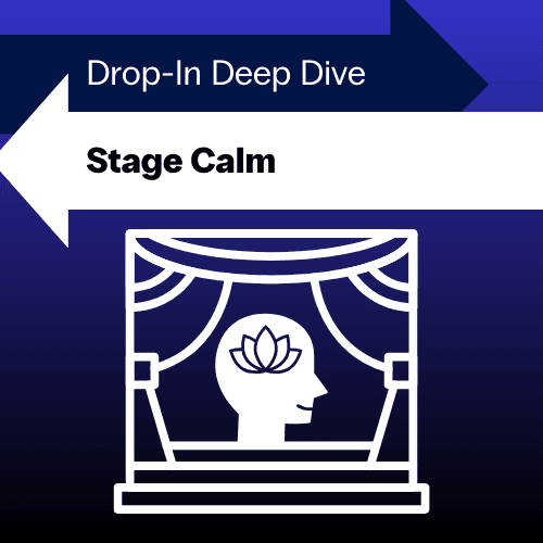 Graphic of a stage with a smiling head in the center, with a lotus symbol inside the head