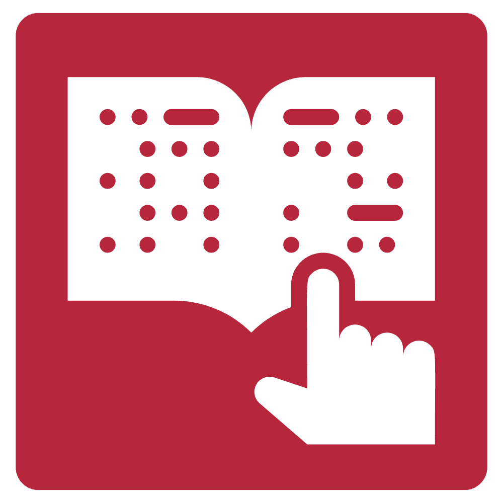 Image of a hand over a braille book, in front of a red background