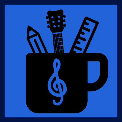 Graphic of a mug with a pencil, ruler, and guitar neck in it