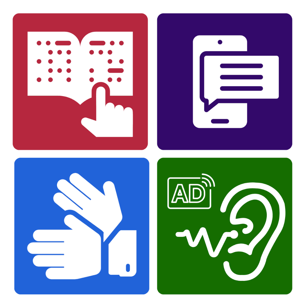 Four images representing the accessibility services available at The Dannys. A pair of hands performing ASL, a hand reading a braille book, a phone with a text box over it representing real-time captioning, and an ear with a soundwave next to it representing Audio Descriptions.