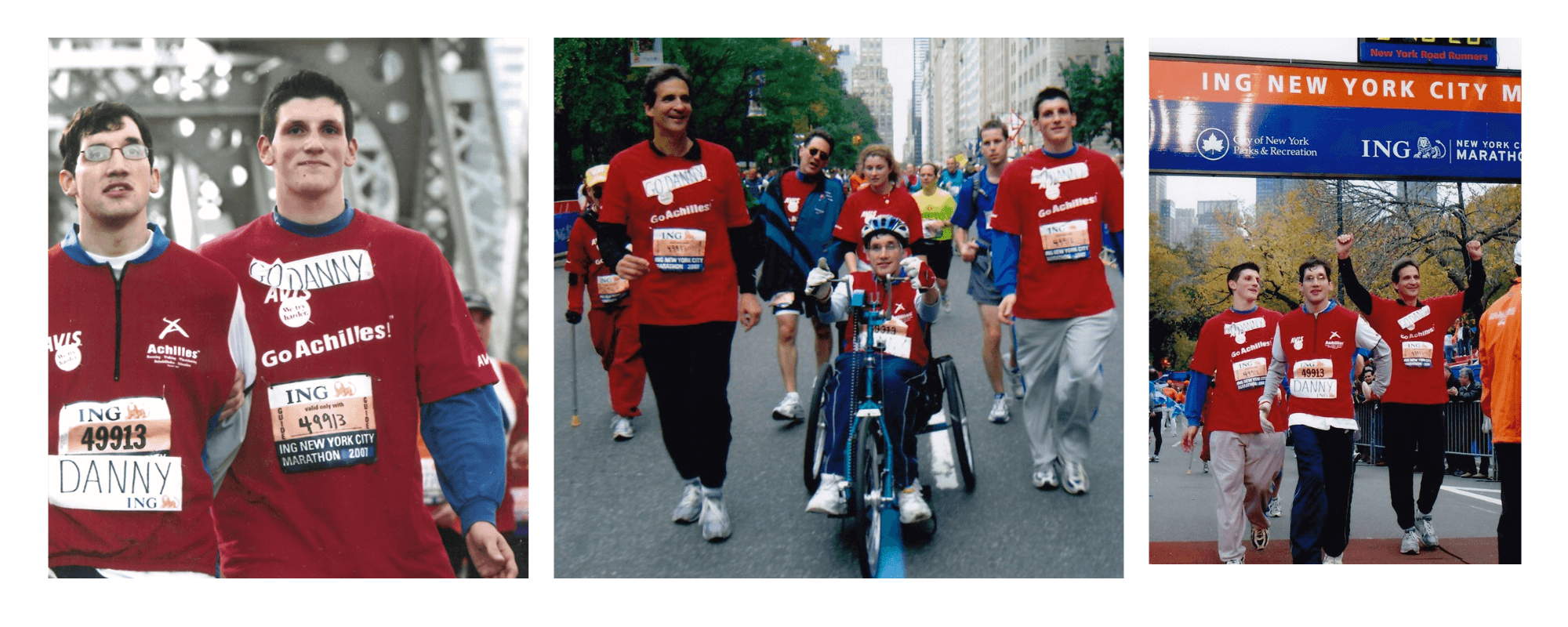 Three images featuring Daniel Trush, his father Ken and brother Michael participating in and finishing the NYC Marathon