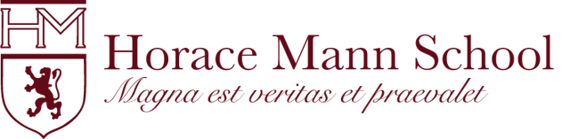 Image of a stylized lion in a crest, with HM above it. Next to the image are the words Horace Mann School, with the latin "Magna est veritas el pracvalet" below it. 