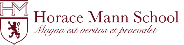 Image of a stylized lion in a crest, with HM above it. Next to the image are the words Horace Mann School, with the latin "Magna est veritas el pracvalet" below it.