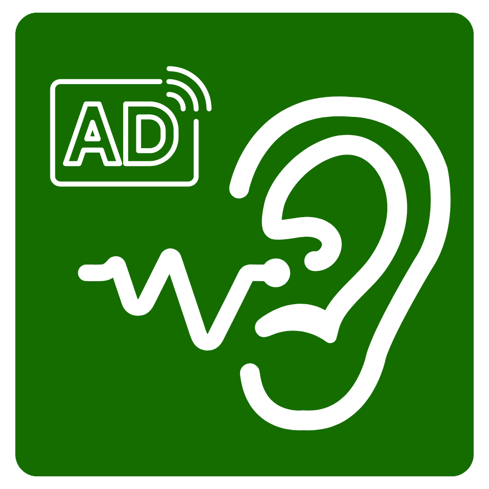 Image of an ear with a soundwave going into it. The letters "AD" are in the corner, in front of a green background.