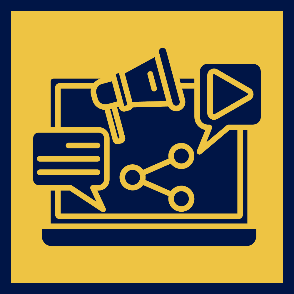 Stylized graphic of a laptop with social media icons emerging from it