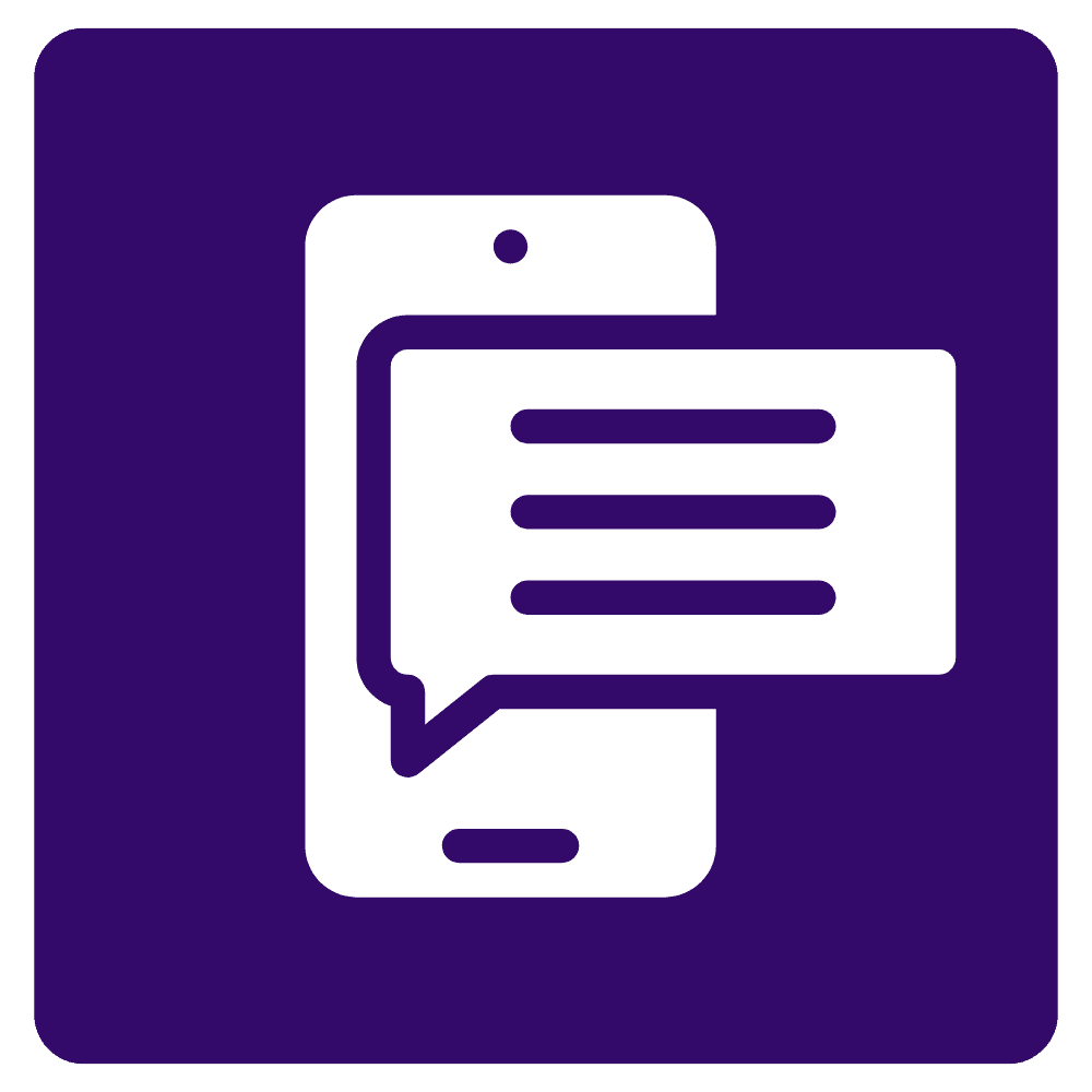 Image of a phone with a text bubble over it, in front of a dark purple background