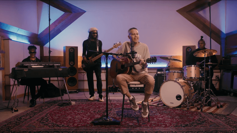 Thumbnail for "Remember That Time", featuring James performing in a small studio space with three other musicians.