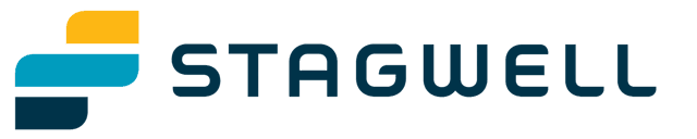 Image of a stylized spiral "S" formed by a series of three colored lines, with the word "Stagwell" next to it.