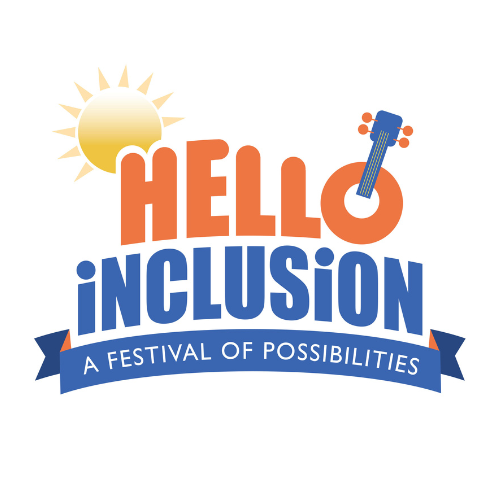 Stylized text with the words "Hello Inclusion, A Festival of Possibilities". A sun is on the upper left, and a guitar neck is coming out of the letter O. 