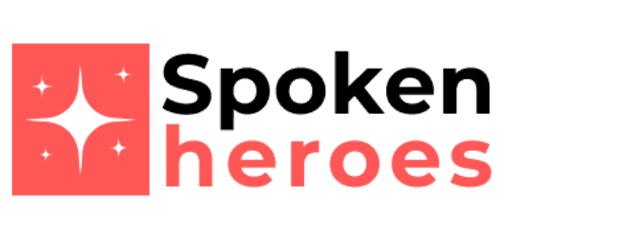 Logo for "Spoken Heroes", featuring a stylized star graphic inside an orange square