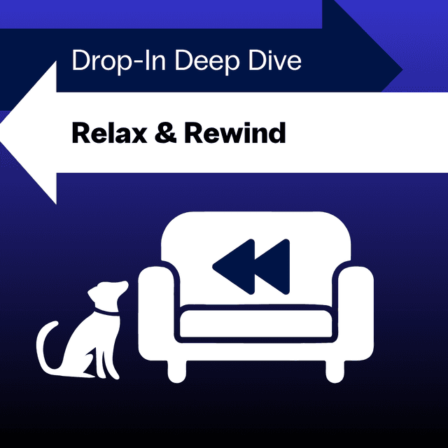 Graphic of a couch with a rewind symbol on it, with a dog next to it.