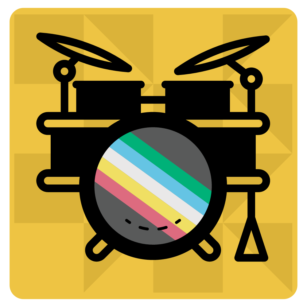 Stylized image of a drum kit with the disability pride flag inside the bass drum