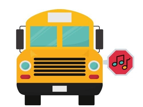 Illustration of a school bus with a stop sign that has musical notes