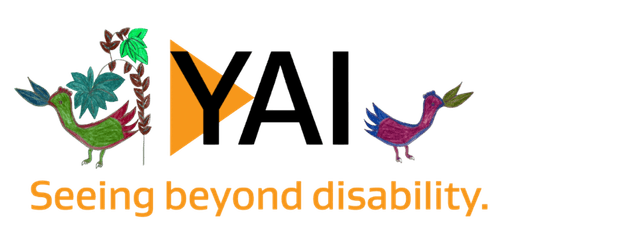 Logo which reads "YAI: Seeing Beyond Disability". Bordering it are two birds and leaves drawn with crayon.